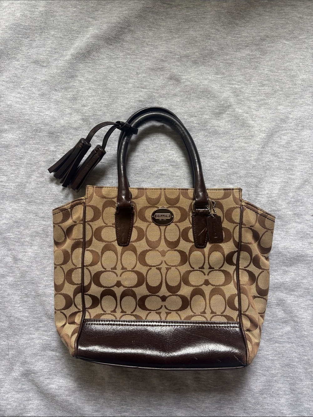 Coach Brown Signature Canvas Tote with Dark Brown Leather Trim